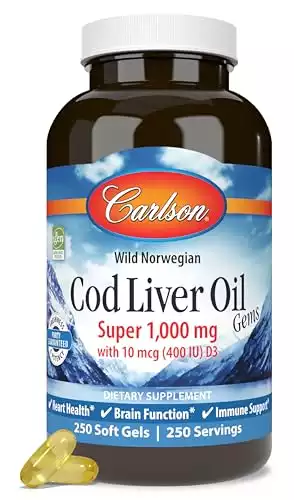 Carlson - Cod Liver Oil Gems, Super 1000 mg, 250 mg Omega-3s, 400 IU (10 mcg) Vitamin D3, Wild Caught Norwegian Arctic Cod Liver Oil, Nordic Fish Oil Capsules, 250 Softgels