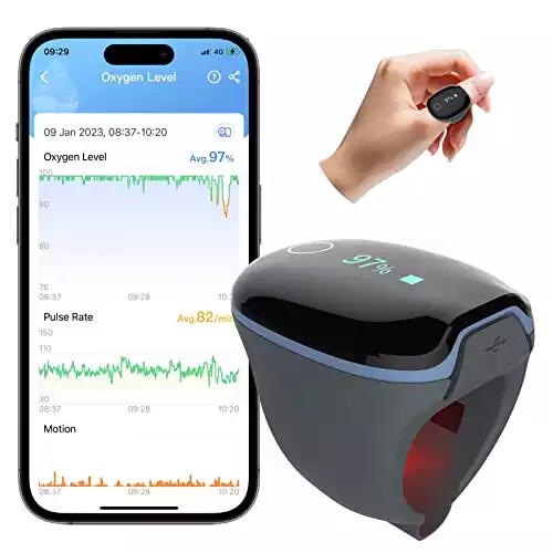 Wellue O2Ring Wearable Pulse Oximter, SPO2 Blood Oxygen Saturation Monitor – Bluetooth O2 Meter Ring Sensor with Vibration Reminder, Free APP & PC Report, Rechargeable