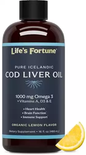 Life's Fortune Cod Liver Oil Liquid Organic Lemon Flavor (16 Oz) 1,000 mg Omega + Vitamin A, E & D3 - Supports Immune Health - 100% Fish Oil Supplement from Wild Ocean Cod-GMO Free