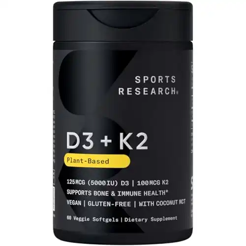 Sports Research Vitamin D3 K2 with Coconut Oil | Plant Based Vitamin K2 MK7 + Vegan D3 5000iu | Vegan Certified, Soy & Gluten Free - 60 Count Softgels