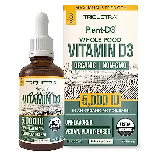 Plant-D3 Organic Vitamin D3 5000 IU - Vegan, Max Strength Sublingual Liquid D3 Drops - 100% Plant-Based Cholecalciferol Form - Adjustable Dosing for All Ages