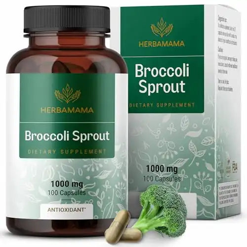 HERBAMAMA Broccoli Sprout Capsules - 1000 mg Sulforaphane Source Broccoli Capsules - Broccoli Sprout Antioxidant Support Supplement - Vegan, Non-GMO - 100 Caps